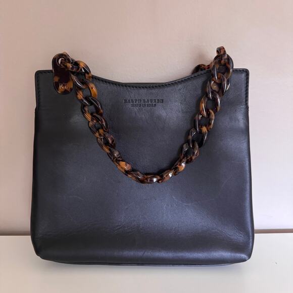 Ralph Lauren Black Leather Tortoise Chain Link Small Tote Bag Made in Italy - Picture 1 of 12